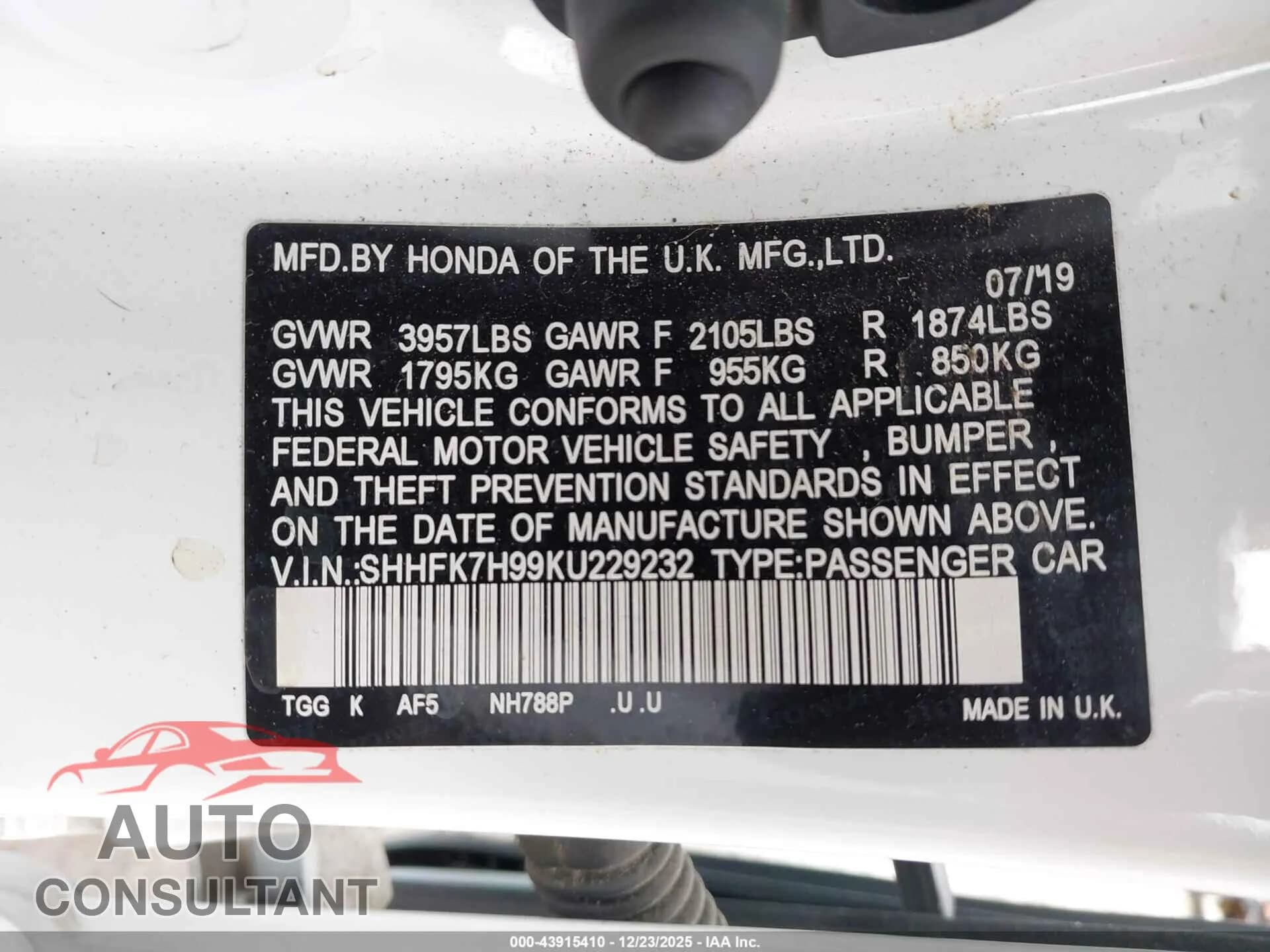 2019 HONDA CIVIC Damaged VIN SHHFK7H99KU229232 – trunk area 2019 HONDA CIVIC Damaged VIN SHHFK7H99KU229232 – trunk area