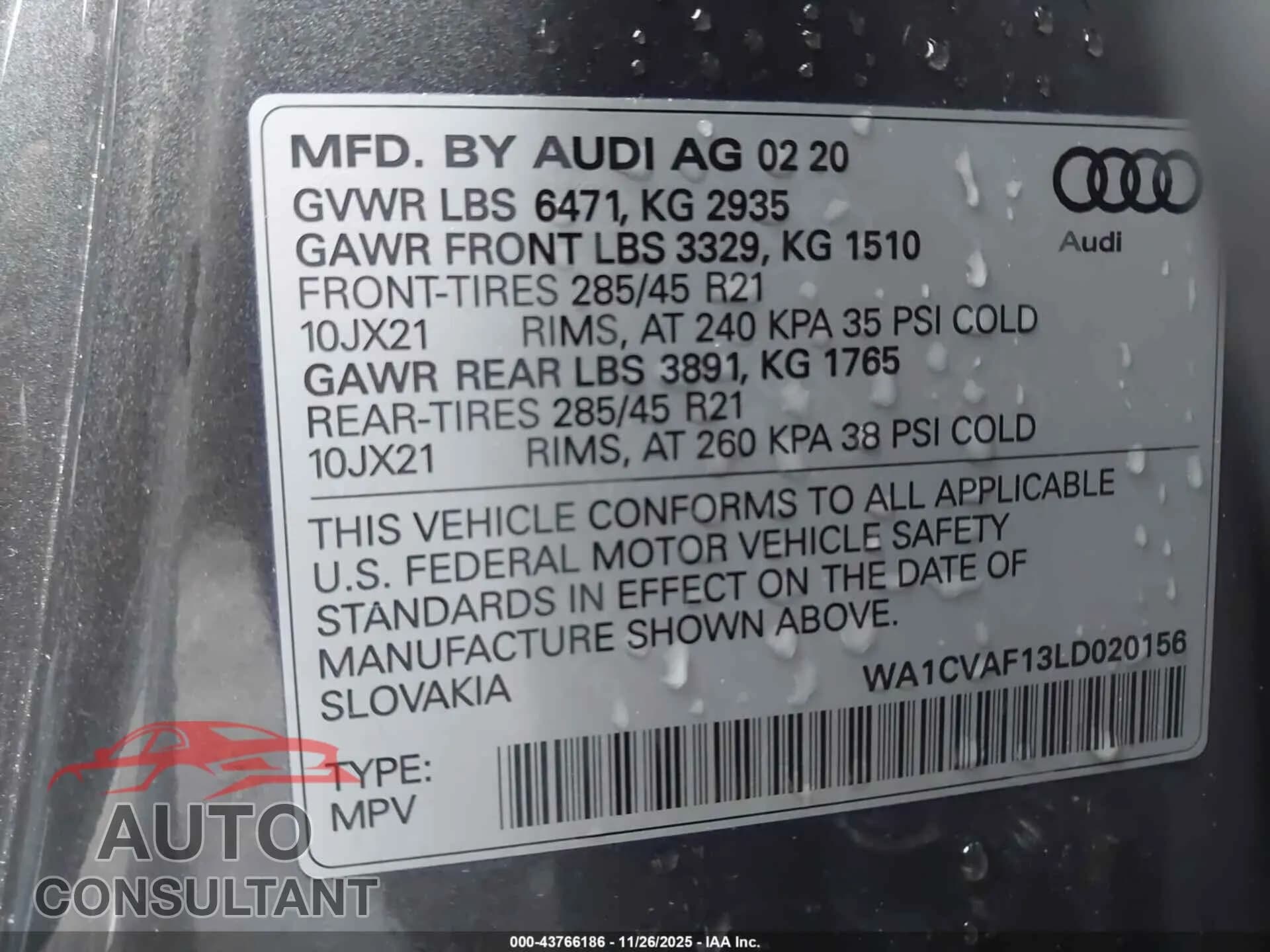 2020 AUDI Q8 Damaged VIN WA1CVAF13LD020156 – trunk area 2020 AUDI Q8 Damaged VIN WA1CVAF13LD020156 – trunk area