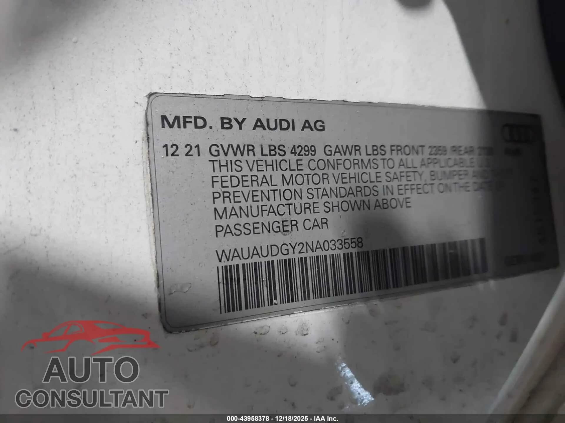 2022 AUDI A3 Damaged VIN WAUAUDGY2NA033558 – trunk area 2022 AUDI A3 Damaged VIN WAUAUDGY2NA033558 – trunk area