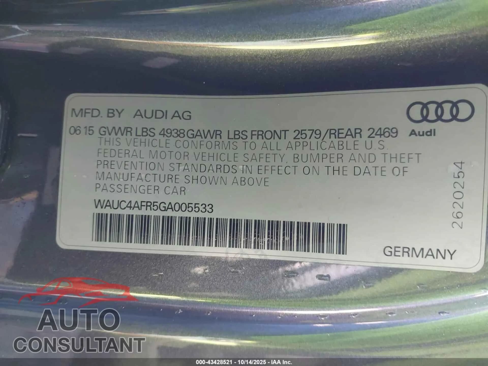 2016 AUDI S5 Damaged VIN WAUC4AFR5GA005533 – trunk area 2016 AUDI S5 Damaged VIN WAUC4AFR5GA005533 – trunk area