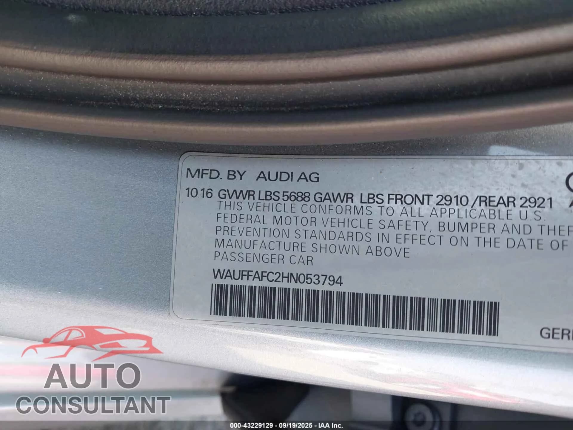 2017 AUDI S6 Damaged VIN WAUFFAFC2HN053794 – trunk area 2017 AUDI S6 Damaged VIN WAUFFAFC2HN053794 – trunk area