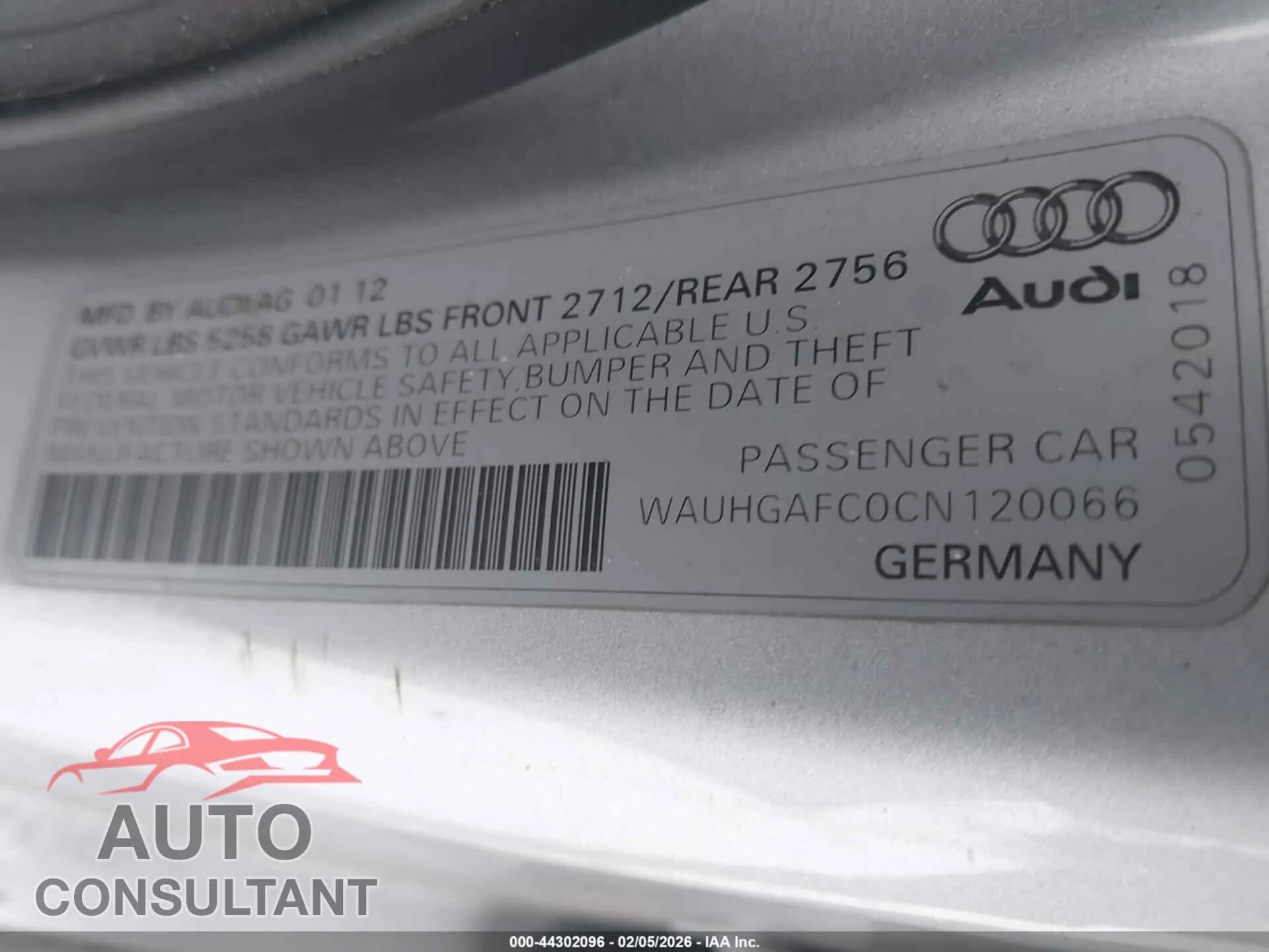 2012 AUDI A6 Used VIN WAUHGAFC0CN120066 – trunk area 2012 AUDI A6 Used VIN WAUHGAFC0CN120066 – trunk area