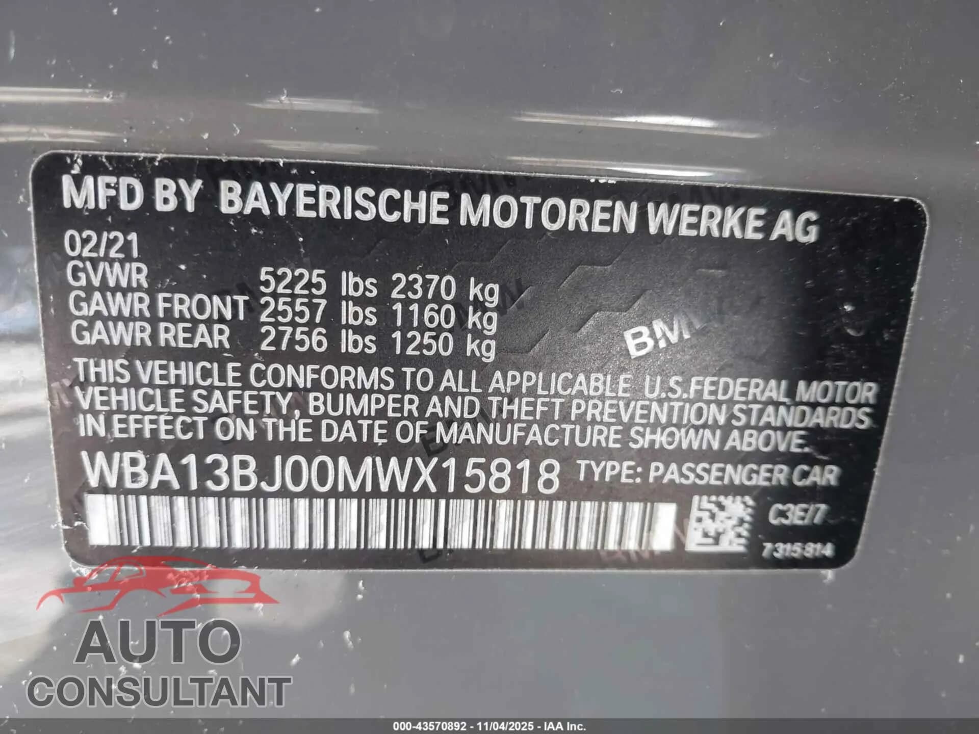 2021 BMW 530I Damaged VIN WBA13BJ00MWX15818 – trunk area 2021 BMW 530I Damaged VIN WBA13BJ00MWX15818 – trunk area