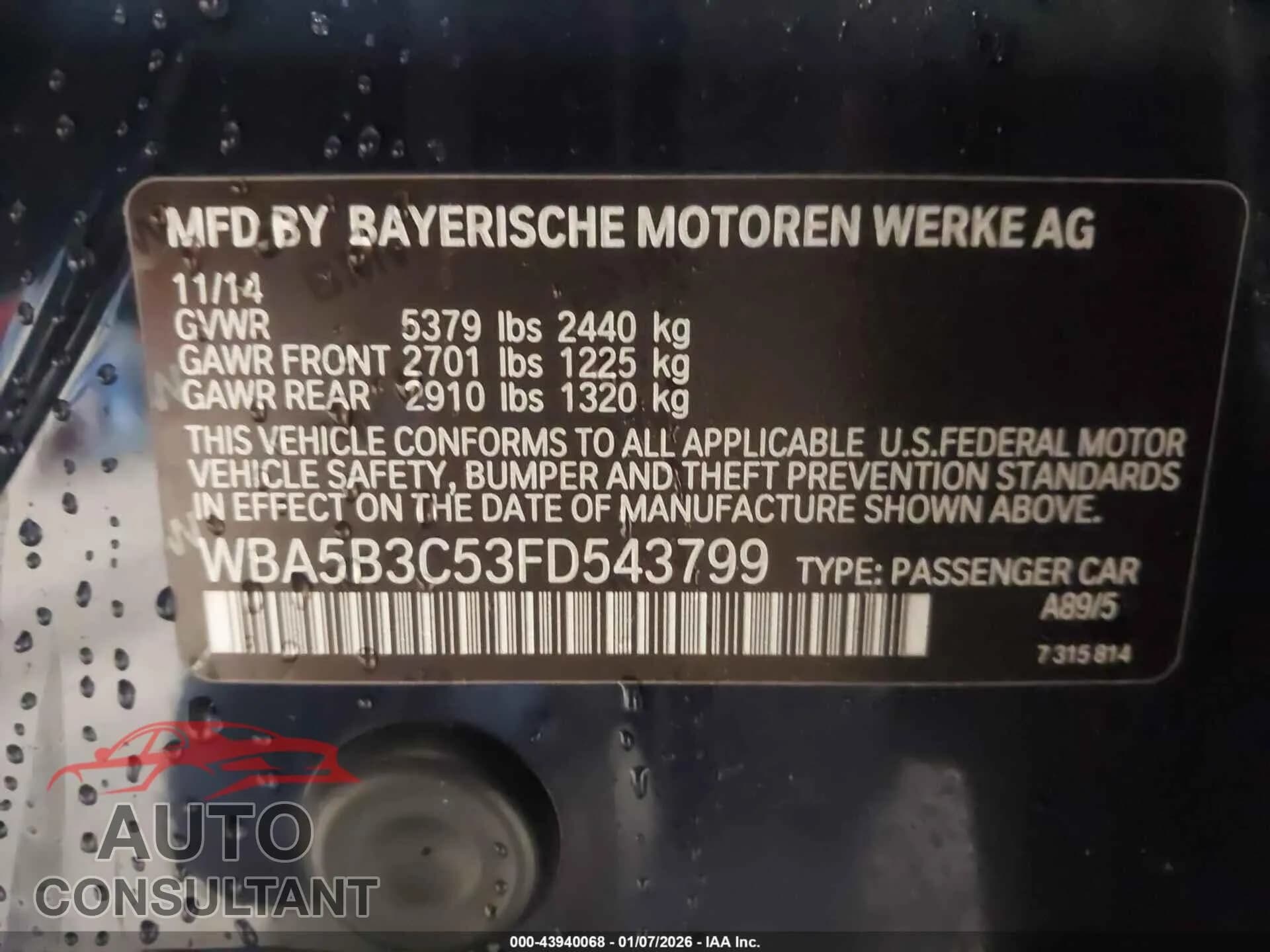 2015 BMW 535I Damaged VIN WBA5B3C53FD543799 – trunk area 2015 BMW 535I Damaged VIN WBA5B3C53FD543799 – trunk area