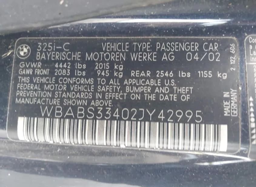 2002 BMW 325Ci Used VIN WBABS33402JY42995 – undercarriage 2002 BMW 325Ci Used VIN WBABS33402JY42995 – undercarriage