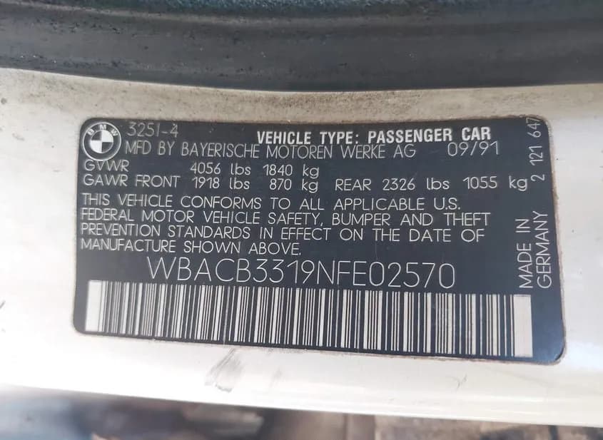 1992 BMW 325i Used VIN WBACB3319NFE02570 – odometer reading 1992 BMW 325i Used VIN WBACB3319NFE02570 – odometer reading