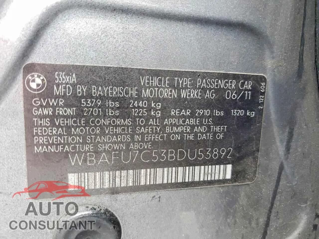 2011 BMW 5 SERIES Damaged VIN WBAFU7C53BDU53892 – photo 12 2011 BMW 5 SERIES Damaged VIN WBAFU7C53BDU53892 – photo 12