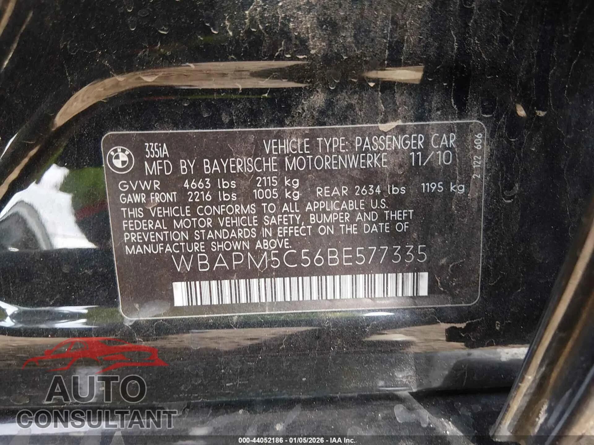 2011 BMW 335I Damaged VIN WBAPM5C56BE577335 – trunk area 2011 BMW 335I Damaged VIN WBAPM5C56BE577335 – trunk area