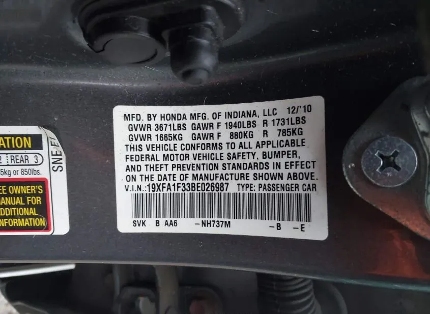2011 HONDA Civic Used VIN 19XFA1F33BE026987 – dashboard