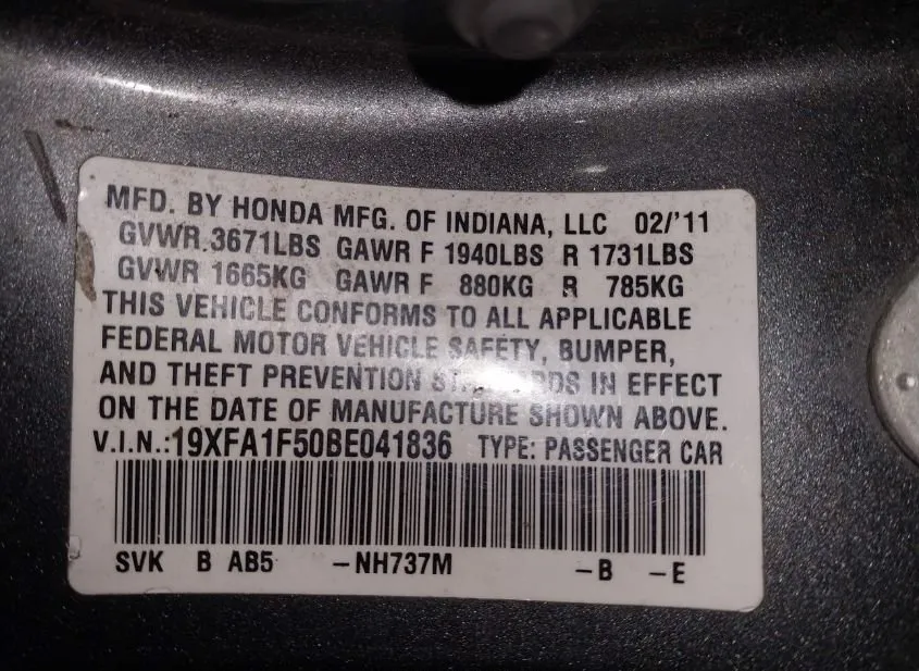 2011 HONDA Civic Used VIN 19XFA1F50BE041836 – photo 18