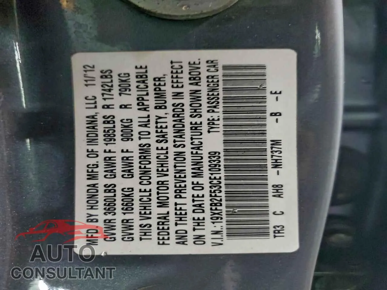 2012 HONDA CIVIC Damaged VIN 19XFB2F53CE109339 – photo 12