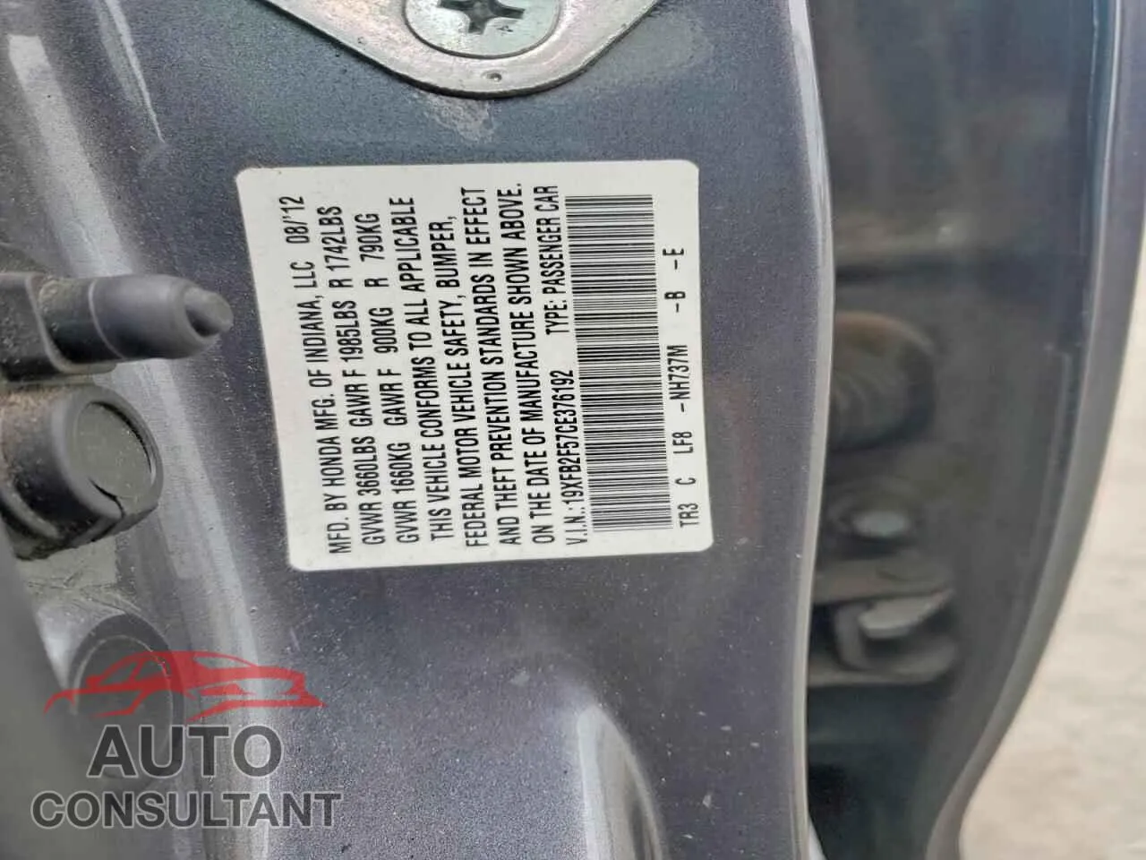 2012 HONDA CIVIC Damaged VIN 19XFB2F57CE376192 – photo 12
