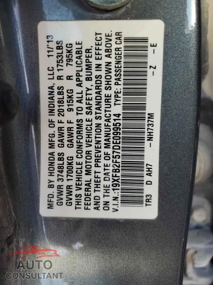 2013 HONDA CIVIC Damaged VIN 19XFB2F57DE099514 – photo 12