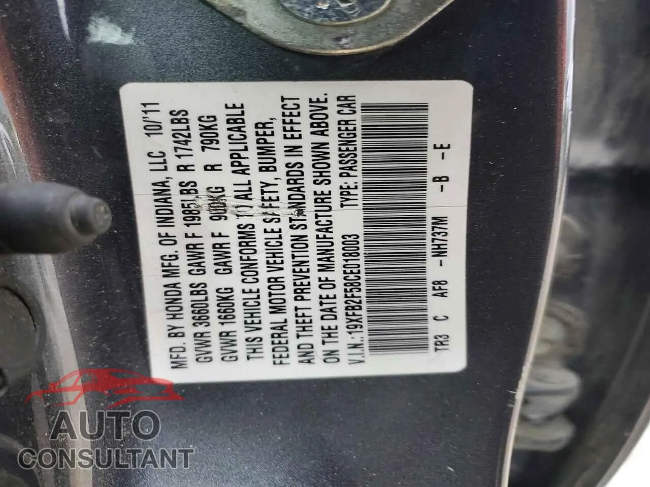 2012 HONDA CIVIC Damaged VIN 19XFB2F58CE018003 – photo 12