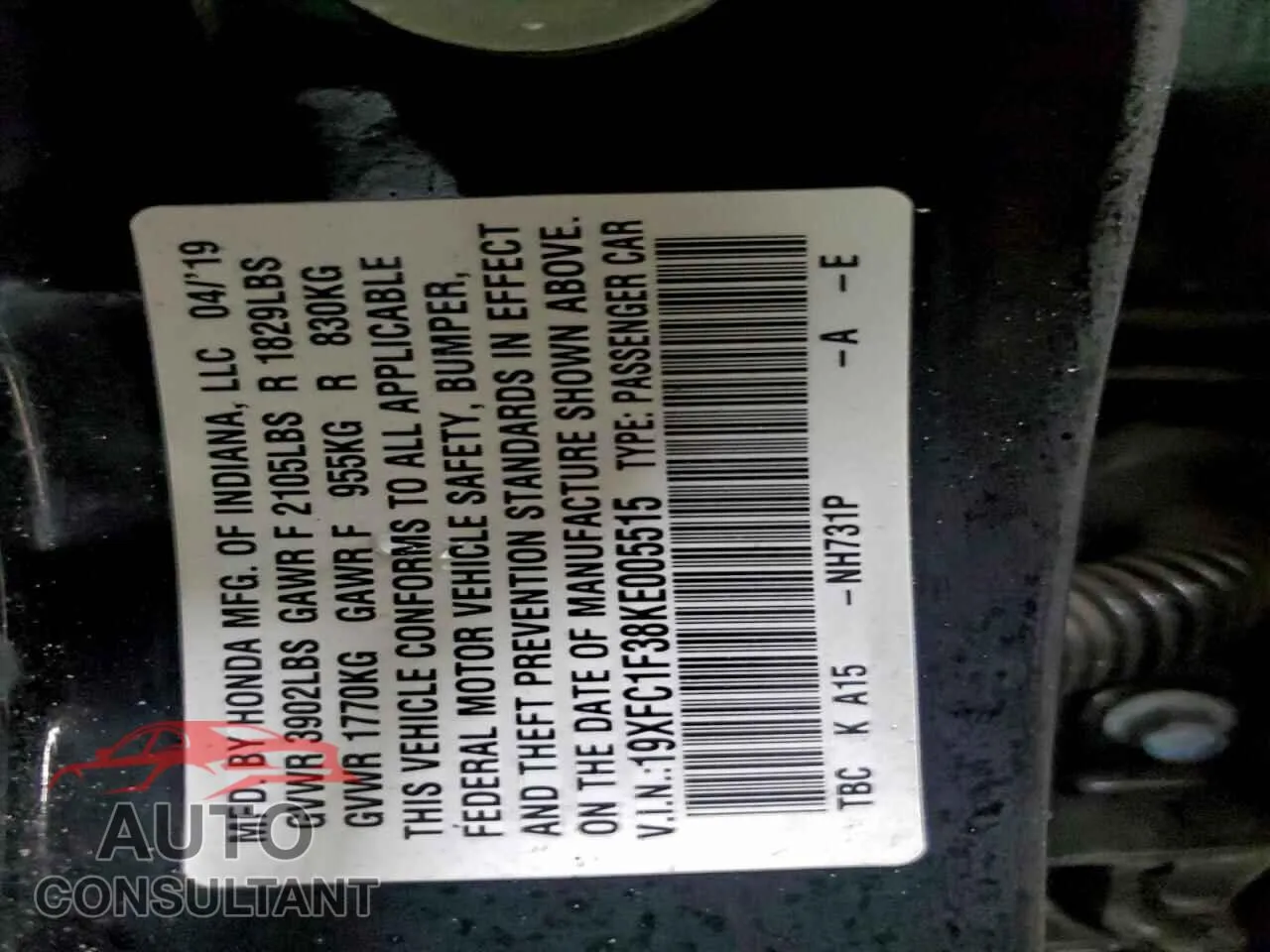 2019 HONDA CIVIC Damaged VIN 19XFC1F38KE005515 – photo 12