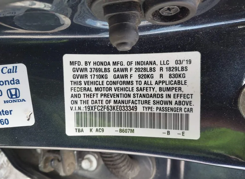 2019 HONDA Civic VIN 19XFC2F63KE033349