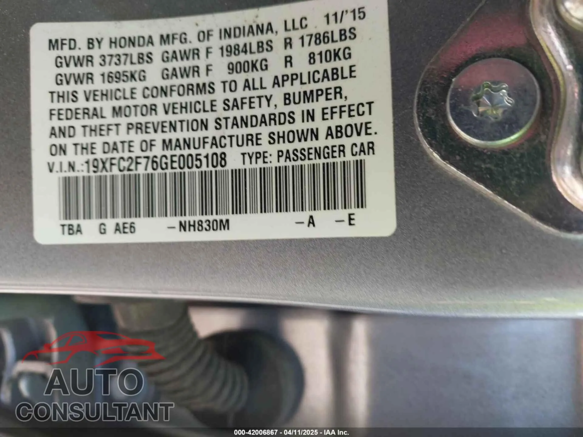 2016 HONDA CIVIC Damaged VIN 19XFC2F76GE005108 – trunk area
