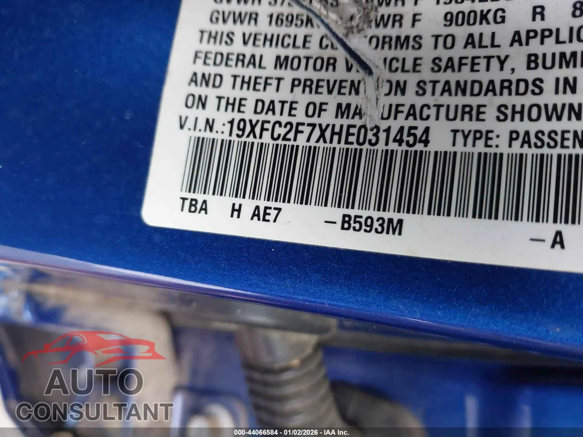 2017 HONDA CIVIC Damaged VIN 19XFC2F7XHE031454 – trunk area 2017 HONDA CIVIC Damaged VIN 19XFC2F7XHE031454 – trunk area