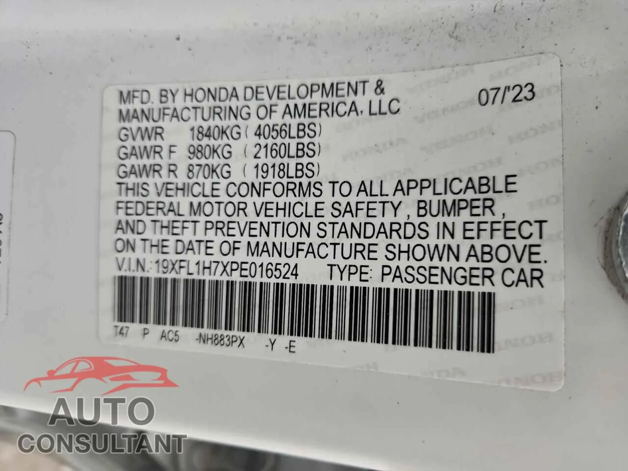 2023 HONDA CIVIC Damaged VIN 19XFL1H7XPE016524 – photo 12