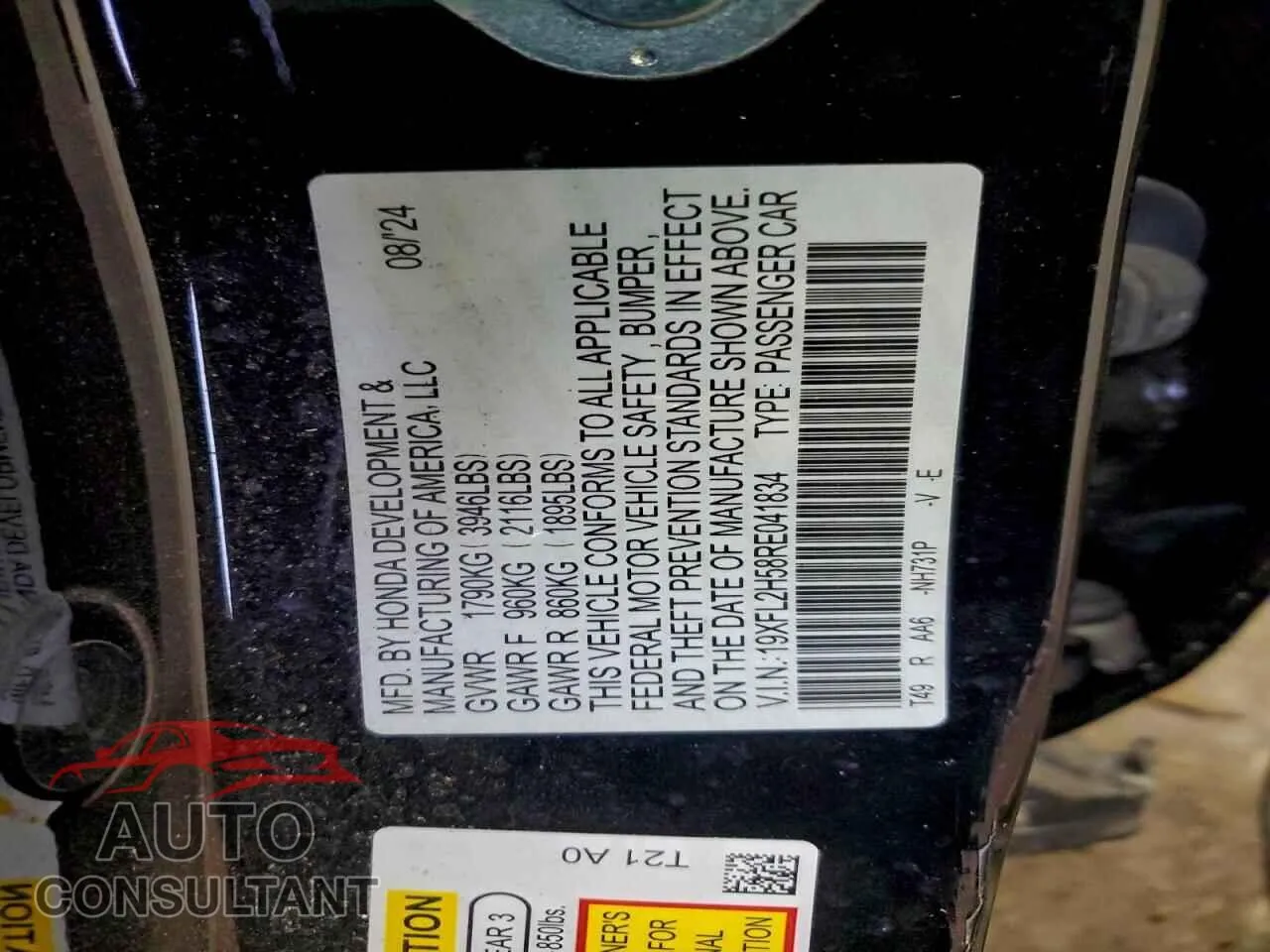 2024 HONDA CIVIC Damaged VIN 19XFL2H58RE041834 – photo 12