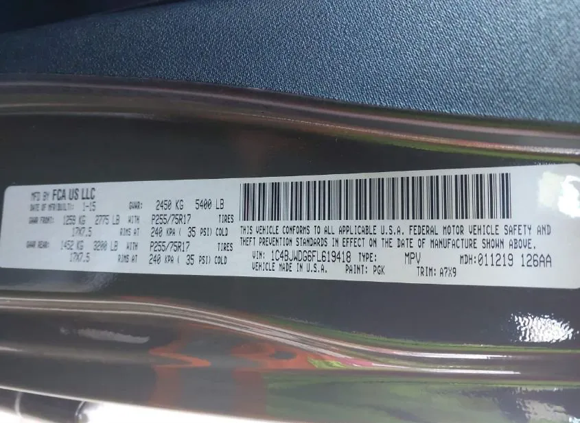 2015 JEEP Wrangler Used VIN 1C4BJWDG6FL619418 – trunk area