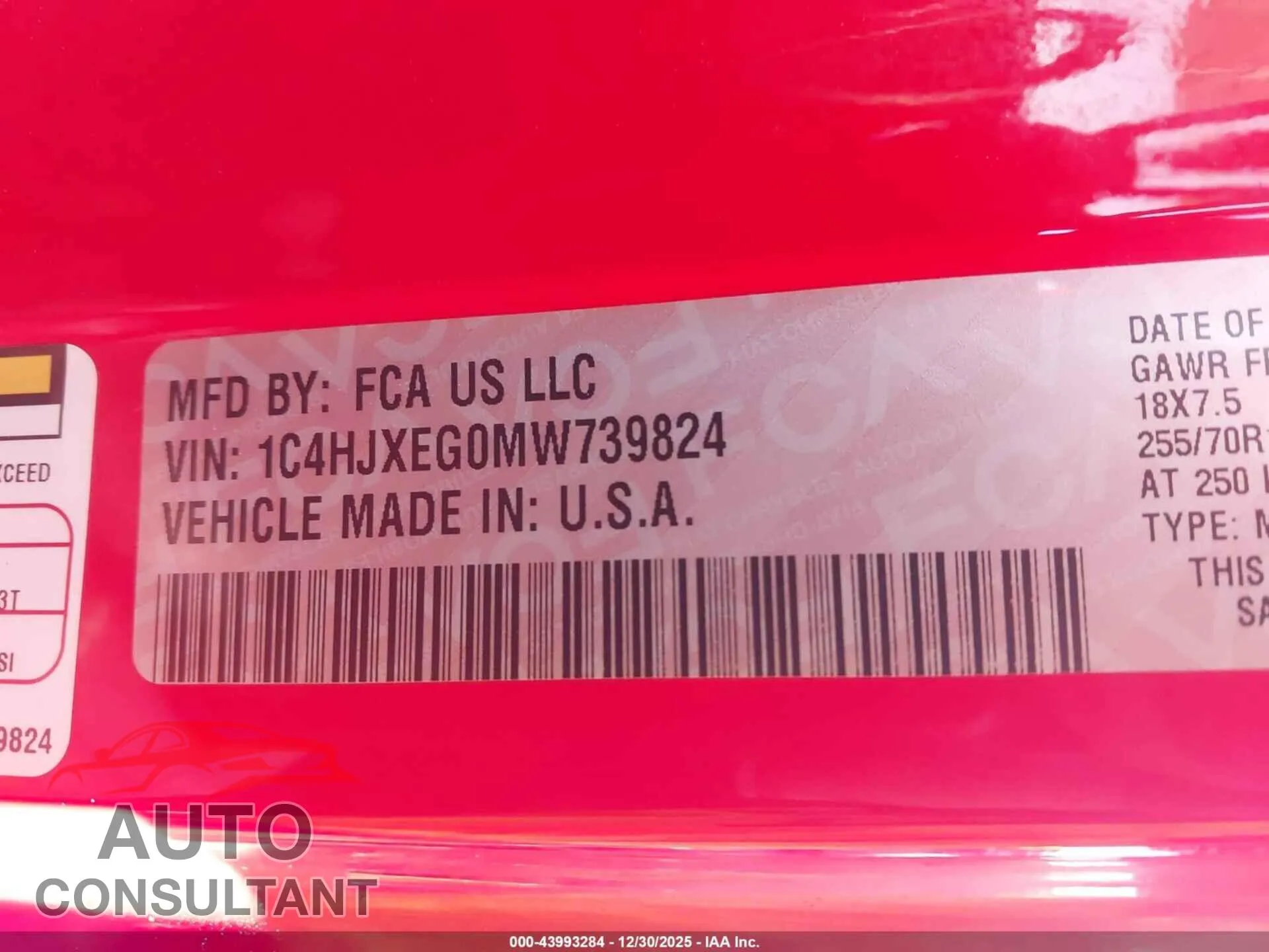 2021 JEEP WRANGLER UNLIMITED Damaged VIN 1C4HJXEG0MW739824 – trunk area