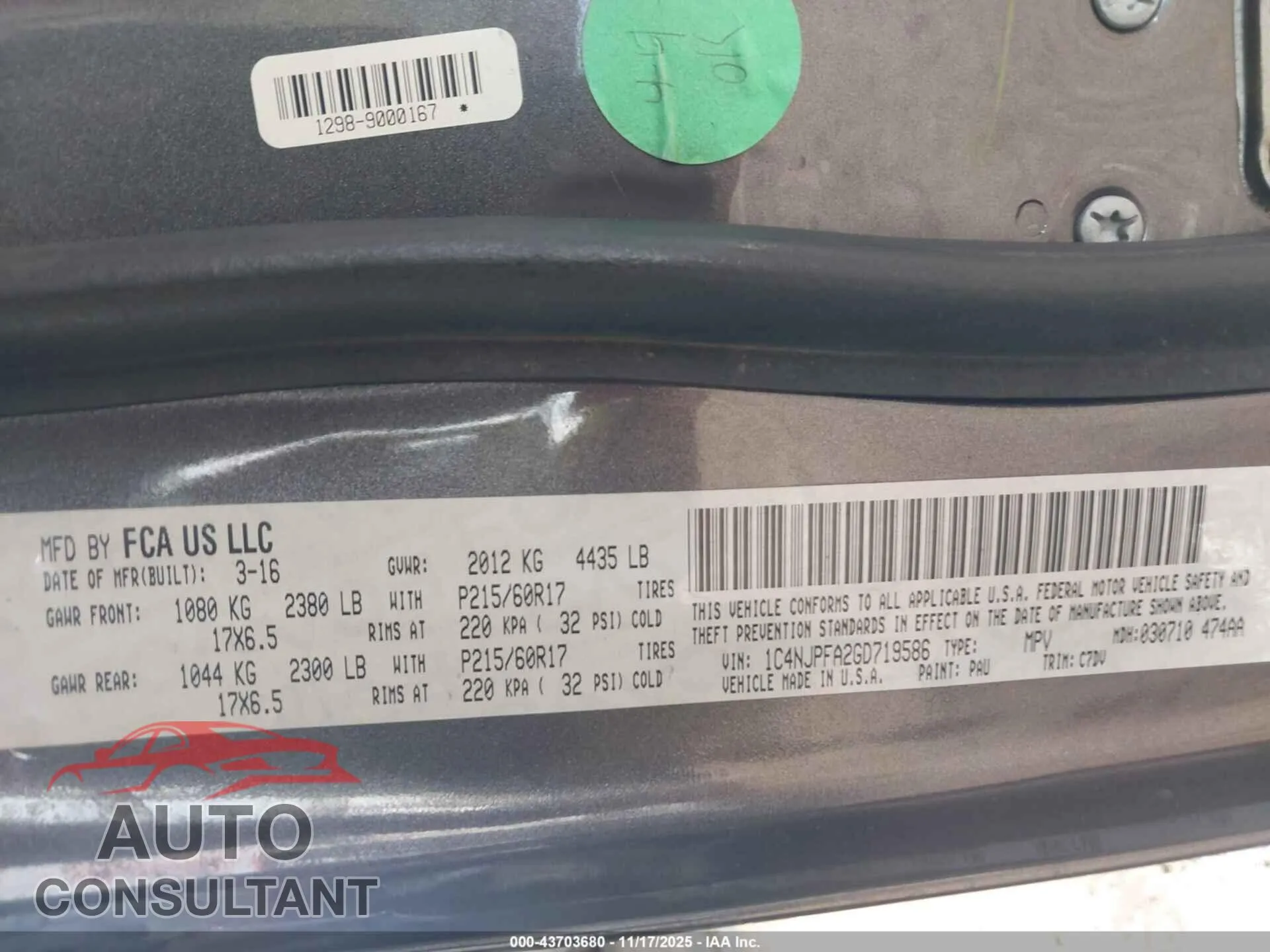 2016 JEEP PATRIOT Damaged VIN 1C4NJPFA2GD719586 – trunk area