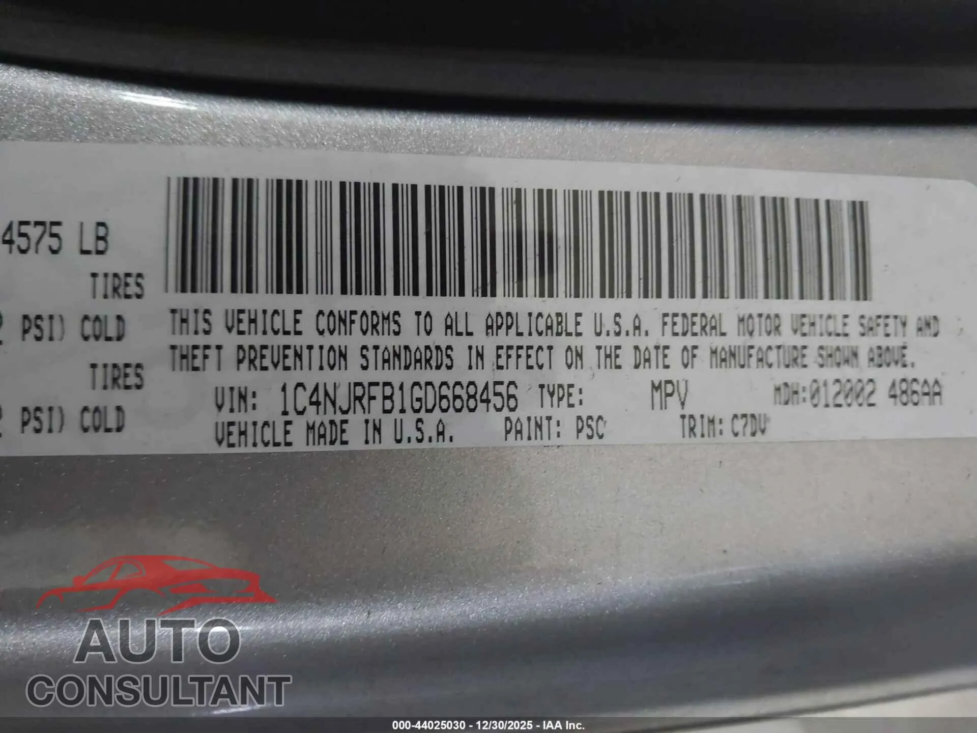 2016 JEEP PATRIOT Damaged VIN 1C4NJRFB1GD668456 – trunk area