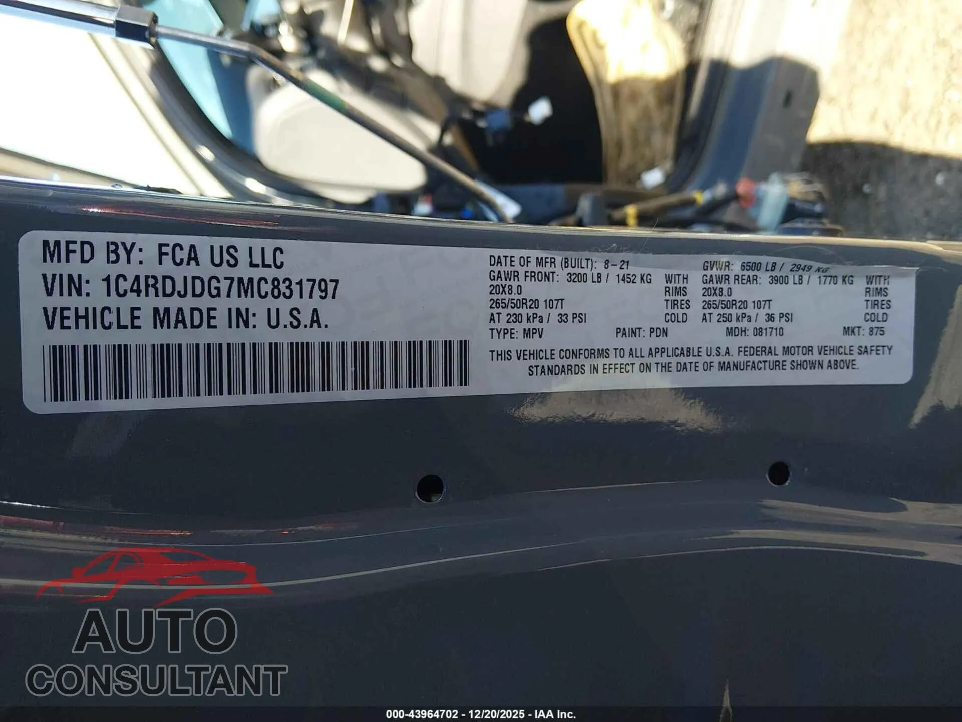 2021 DODGE DURANGO Damaged VIN 1C4RDJDG7MC831797 – trunk area