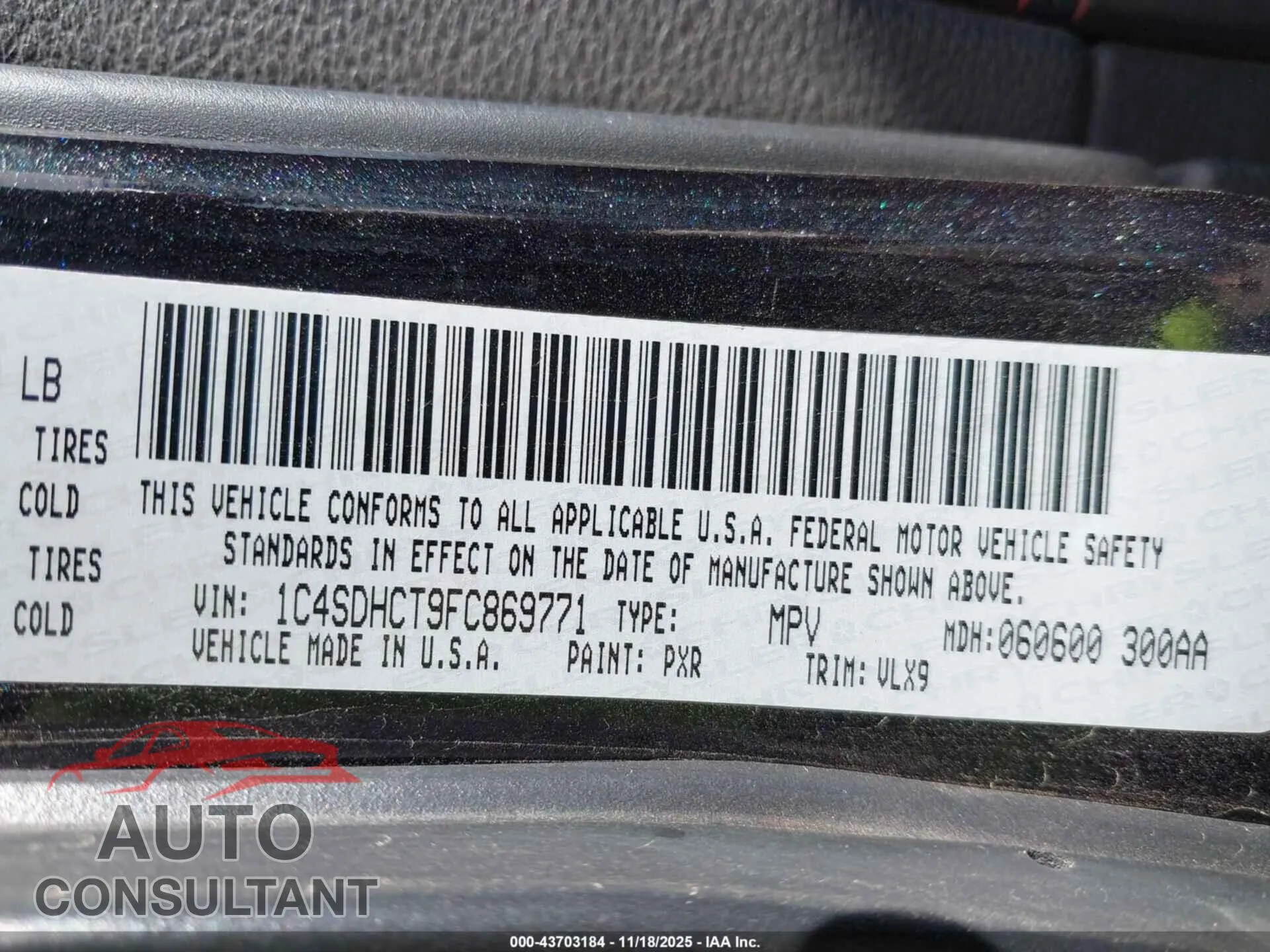 2015 DODGE DURANGO Damaged VIN 1C4SDHCT9FC869771 – trunk area