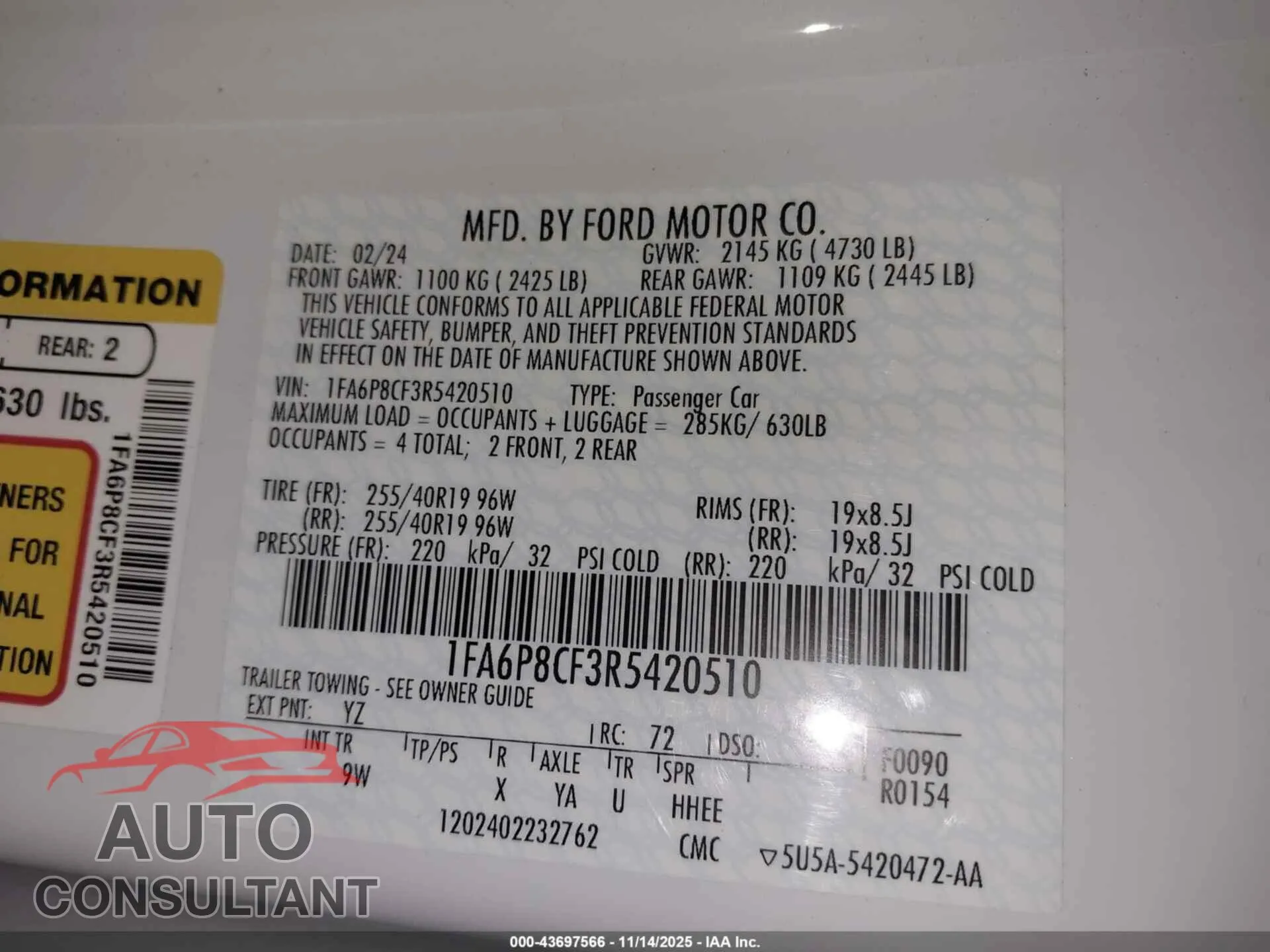 2024 FORD MUSTANG Damaged VIN 1FA6P8CF3R5420510 – trunk area