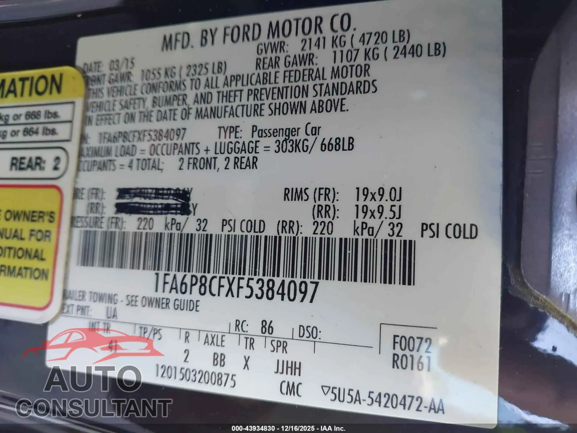 2015 FORD MUSTANG Damaged VIN 1FA6P8CFXF5384097 – trunk area