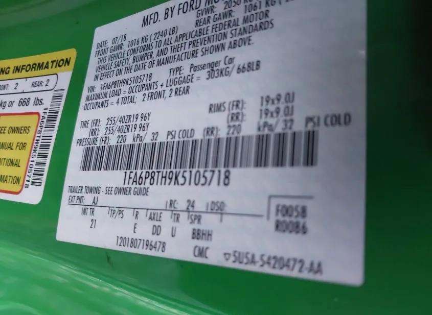 2019 FORD Mustang Used VIN 1FA6P8TH9K5105718 – side profile
