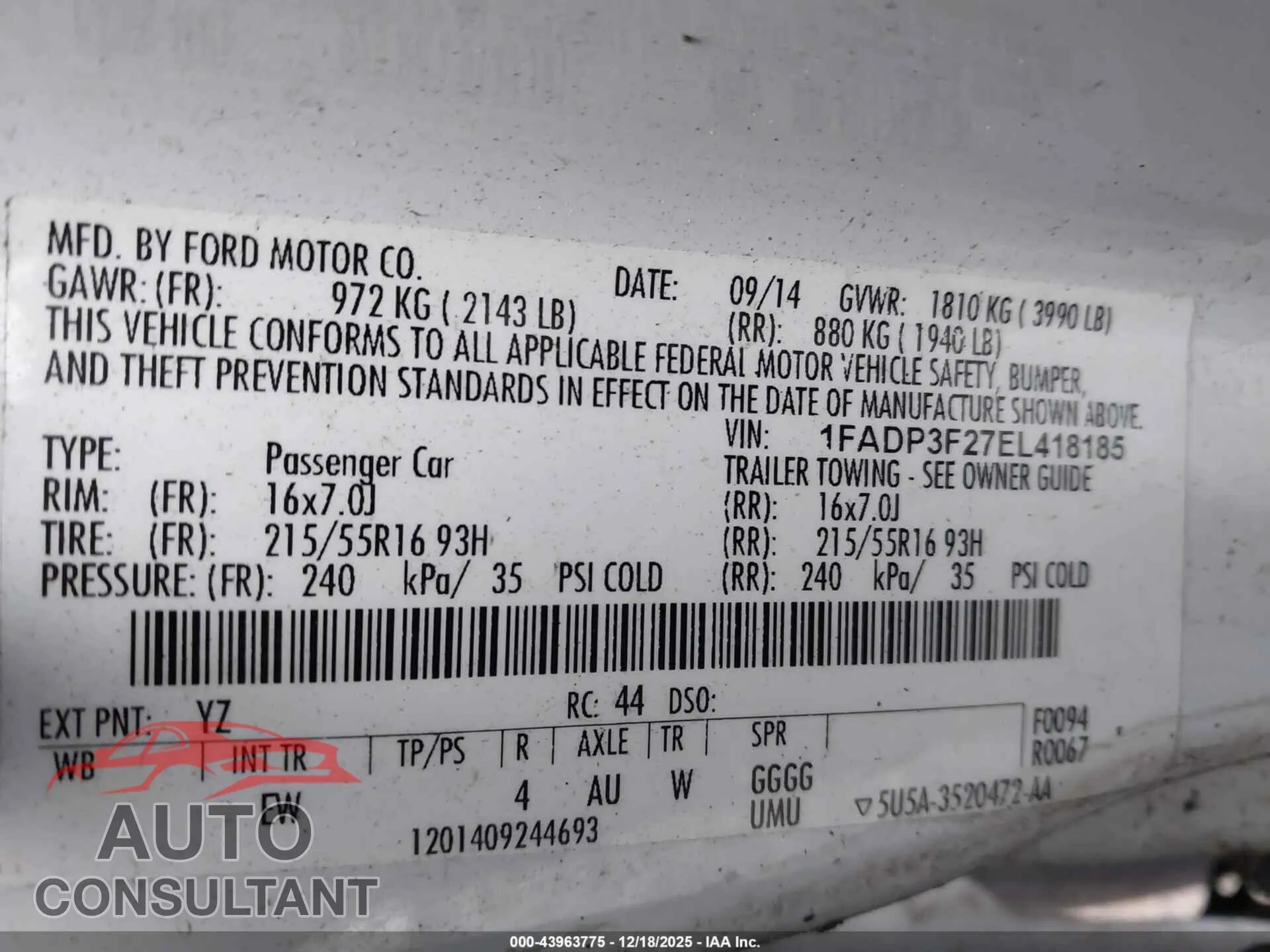 2014 FORD FOCUS Damaged VIN 1FADP3F27EL418185 – trunk area 2014 FORD FOCUS Damaged VIN 1FADP3F27EL418185 – trunk area