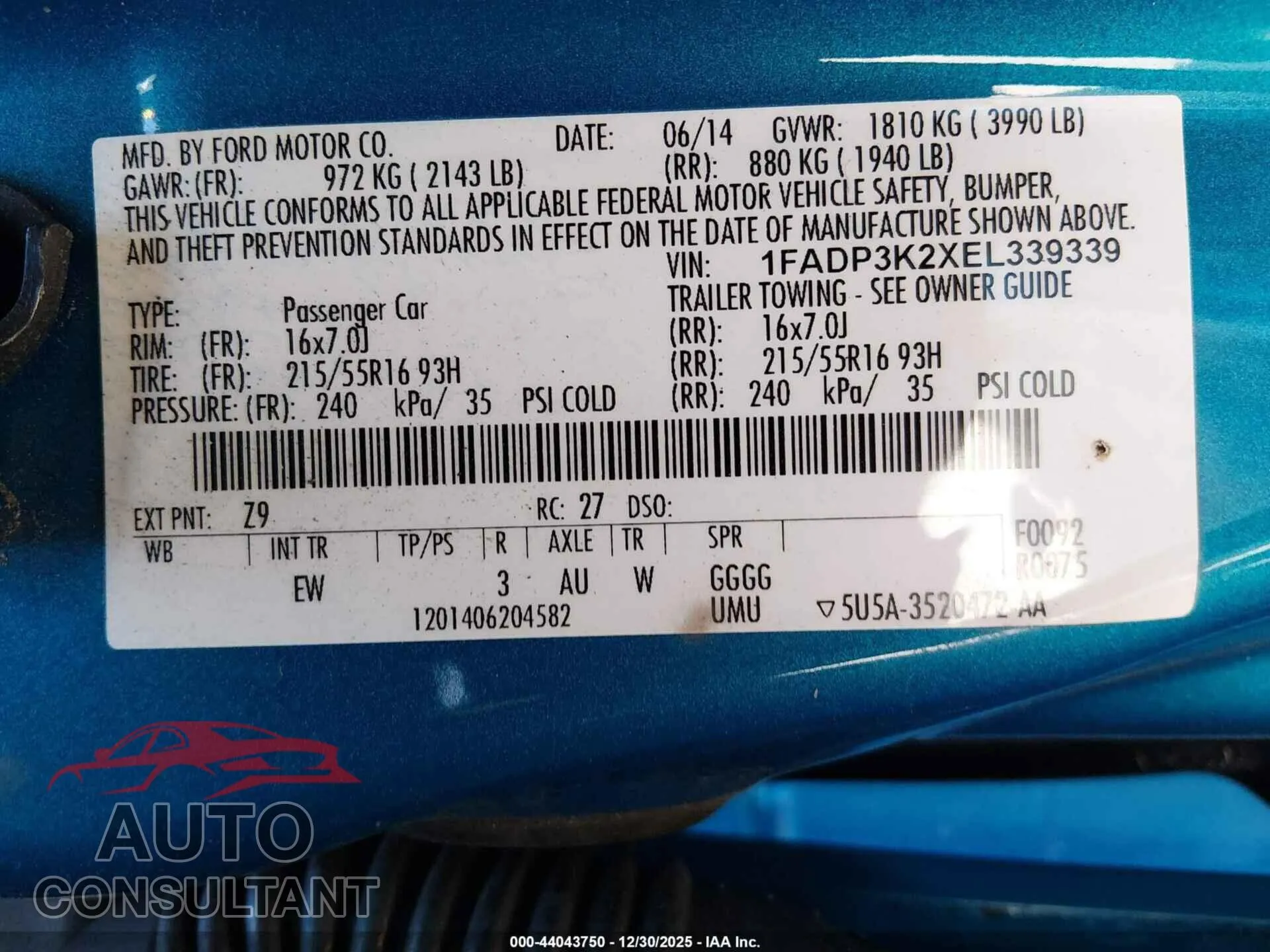 2014 FORD FOCUS Damaged VIN 1FADP3K2XEL339339 – trunk area