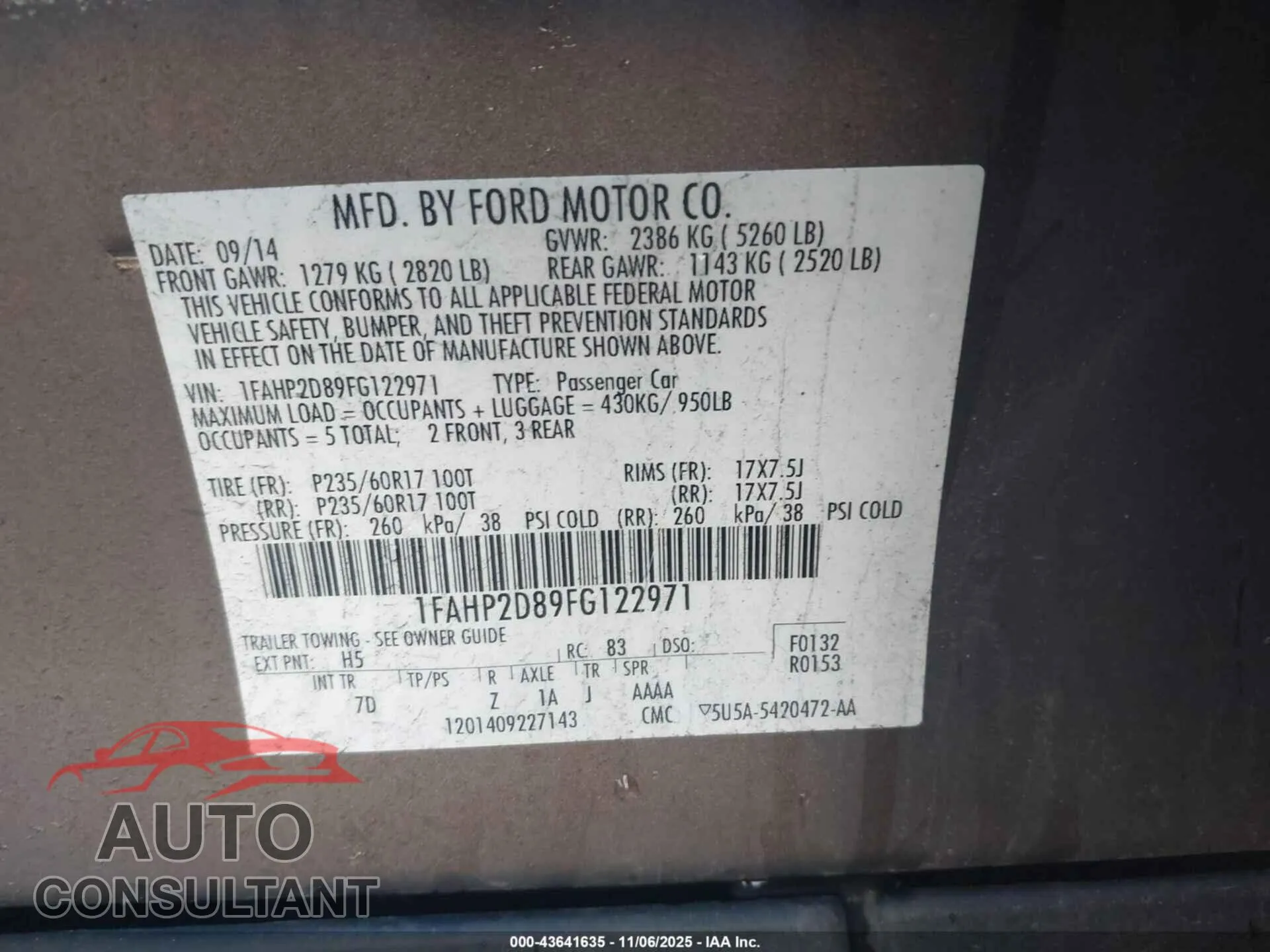 2015 FORD TAURUS Damaged VIN 1FAHP2D89FG122971 – trunk area