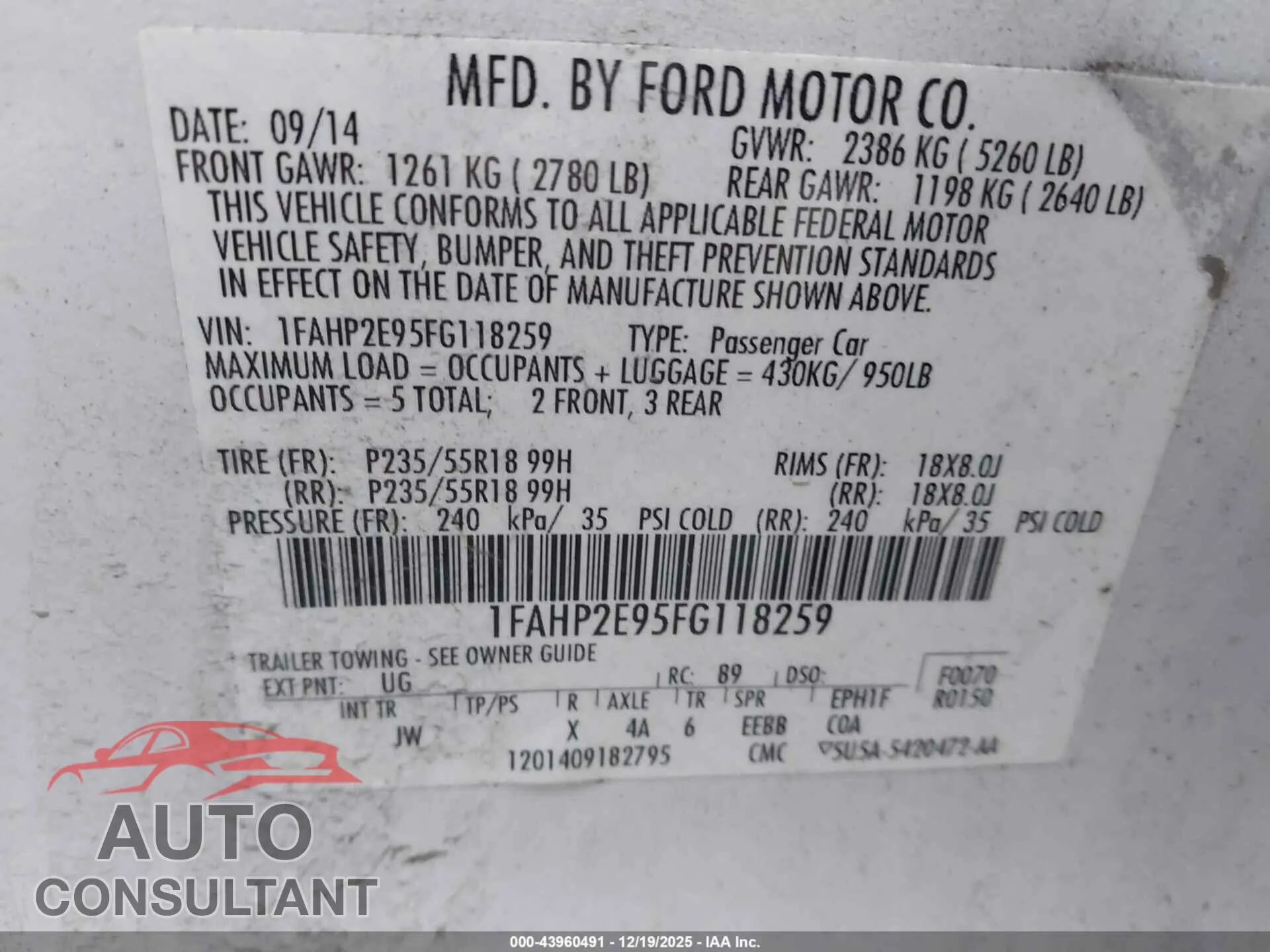 2015 FORD TAURUS Damaged VIN 1FAHP2E95FG118259 – trunk area