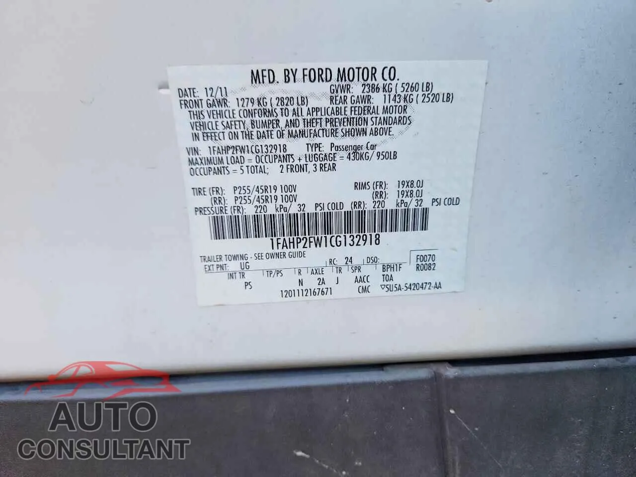 2012 FORD TAURUS Damaged VIN 1FAHP2FW1CG132918 – photo 12