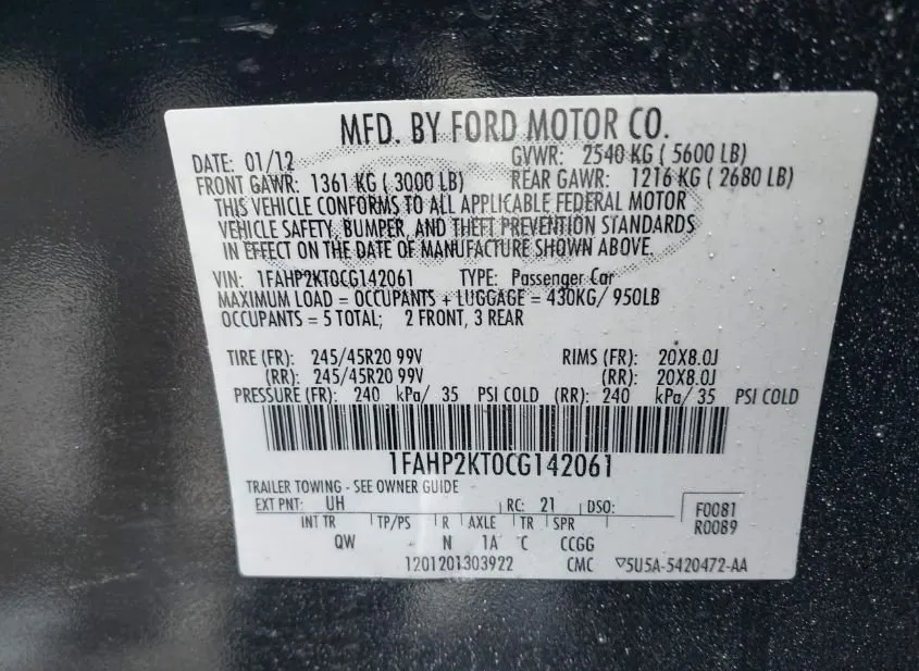 2012 FORD Taurus Used VIN 1FAHP2KT0CG142061 – odometer reading