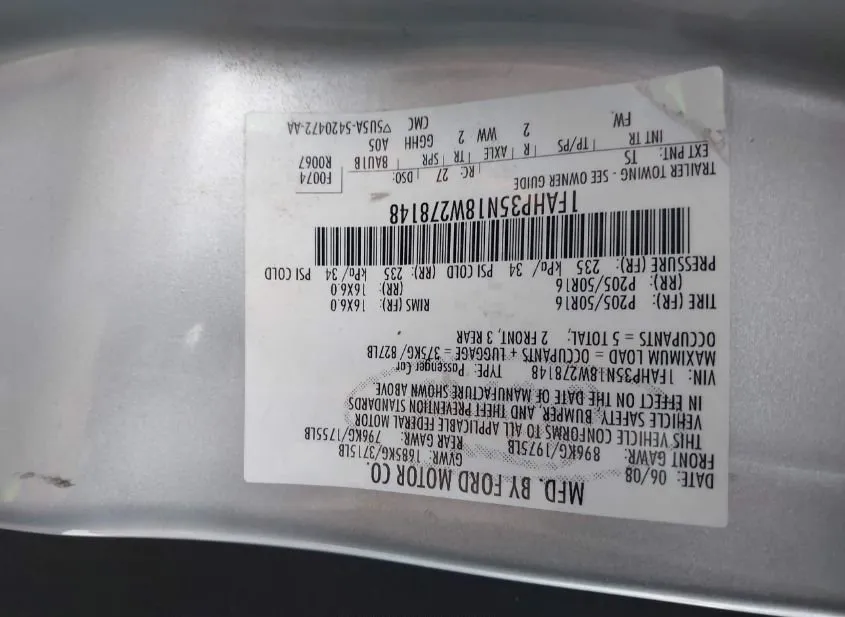 2008 FORD Focus Used VIN 1FAHP35N18W278148 – trunk area 2008 FORD Focus Used VIN 1FAHP35N18W278148 – trunk area