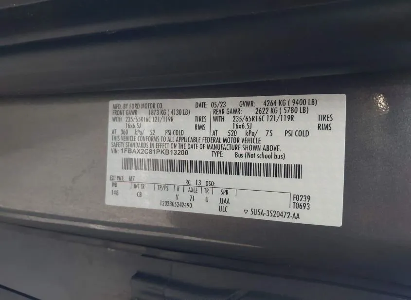 2023 FORD Transit Used VIN 1FBAX2C81PKB13200 – trunk area 2023 FORD Transit Used VIN 1FBAX2C81PKB13200 – trunk area