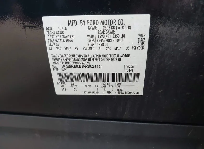 2017 FORD Explorer Used VIN 1FM5K8B81HGB34421 – dashboard