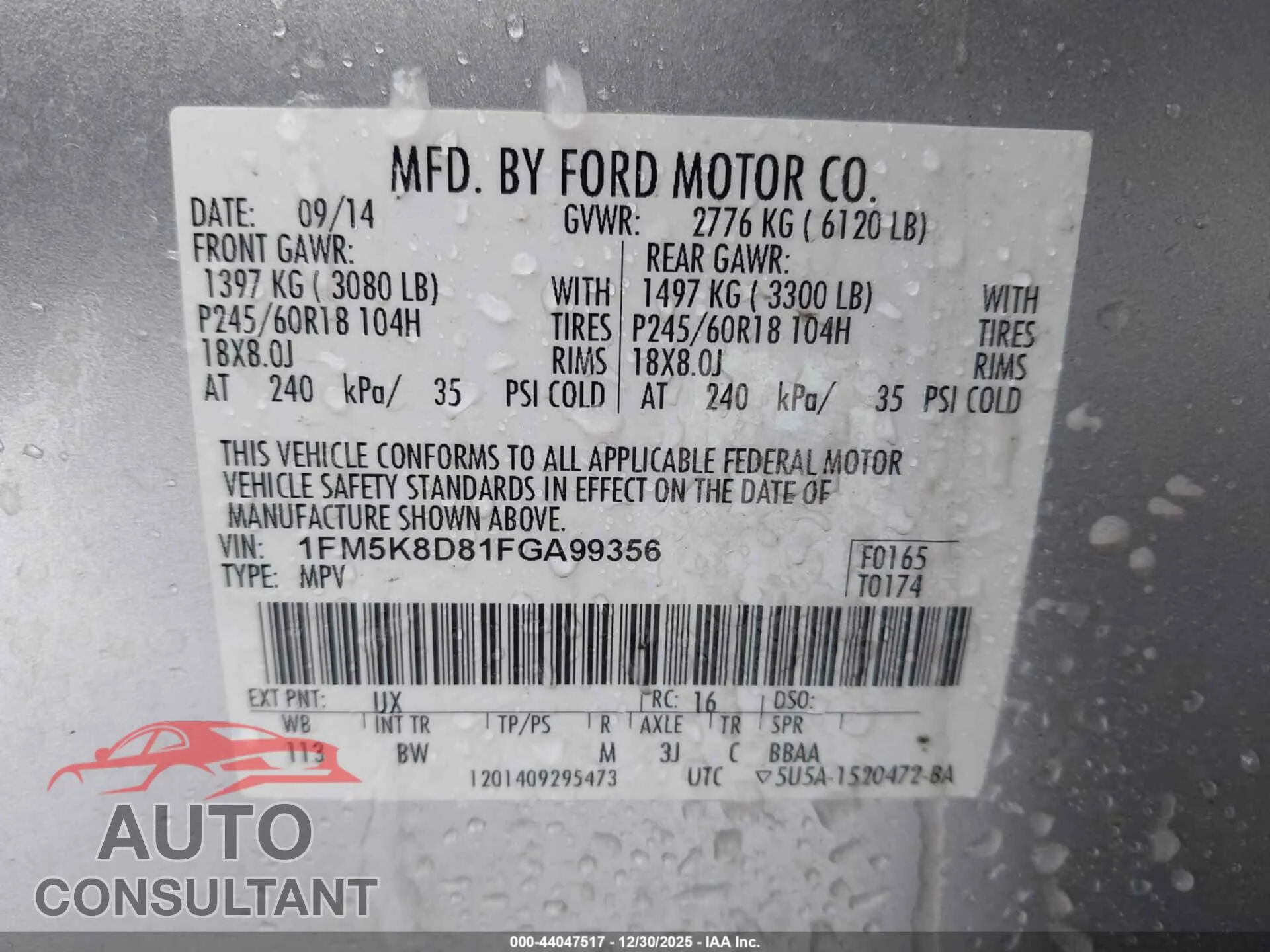 2015 FORD EXPLORER Damaged VIN 1FM5K8D81FGA99356 – trunk area