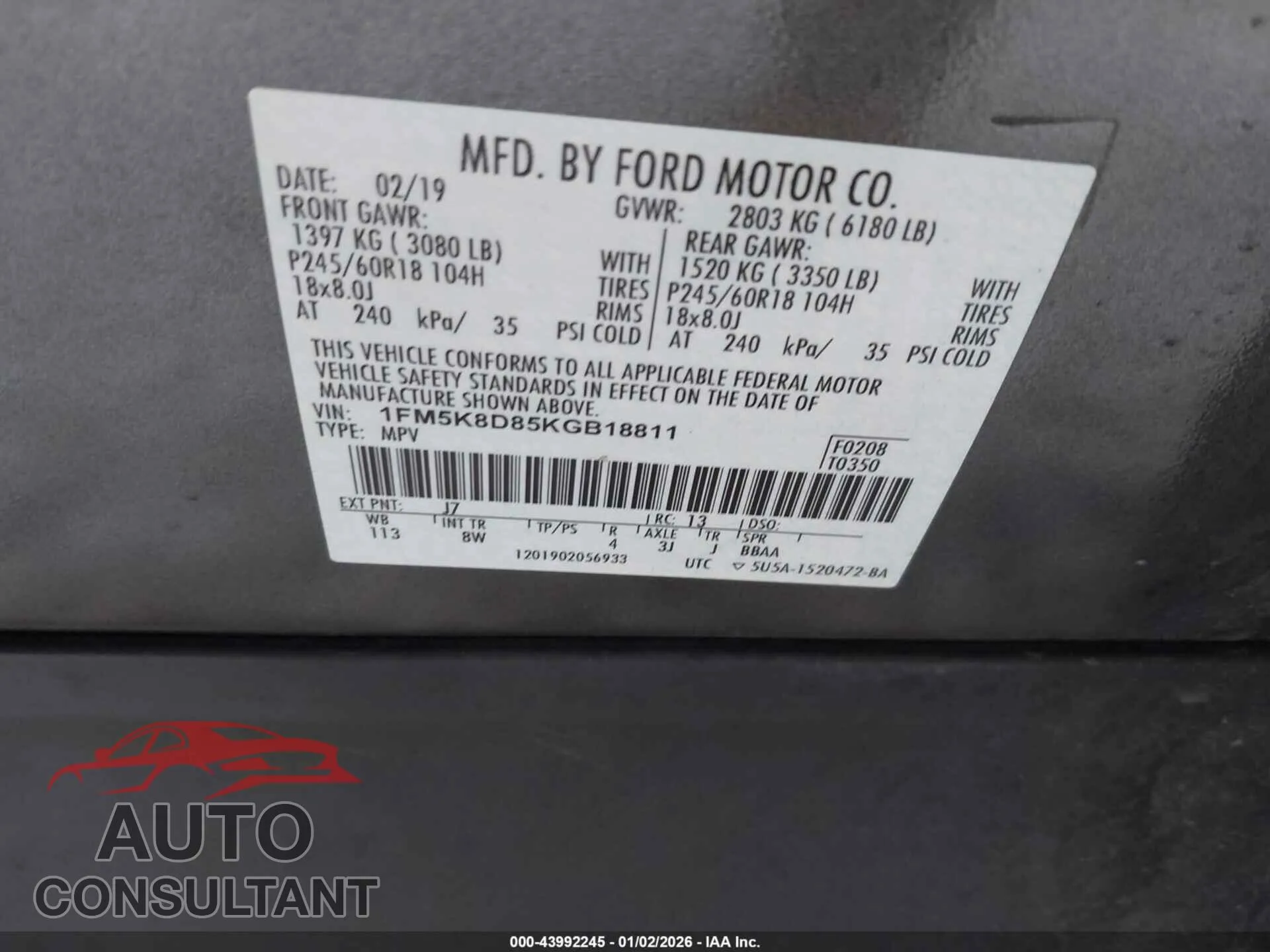 2019 FORD EXPLORER Damaged VIN 1FM5K8D85KGB18811 – trunk area