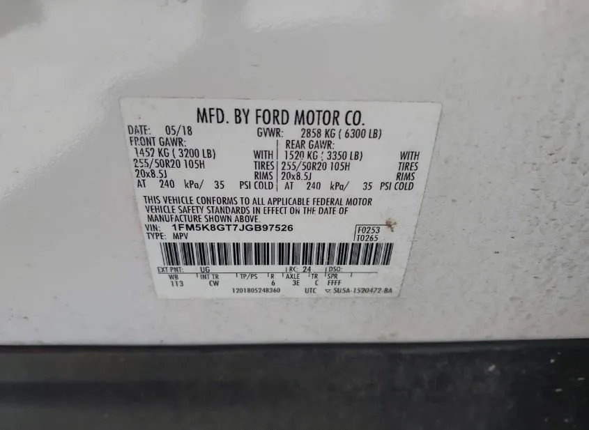 2018 FORD Explorer Used VIN 1FM5K8GT7JGB97526 – trunk area 2018 FORD Explorer Used VIN 1FM5K8GT7JGB97526 – trunk area