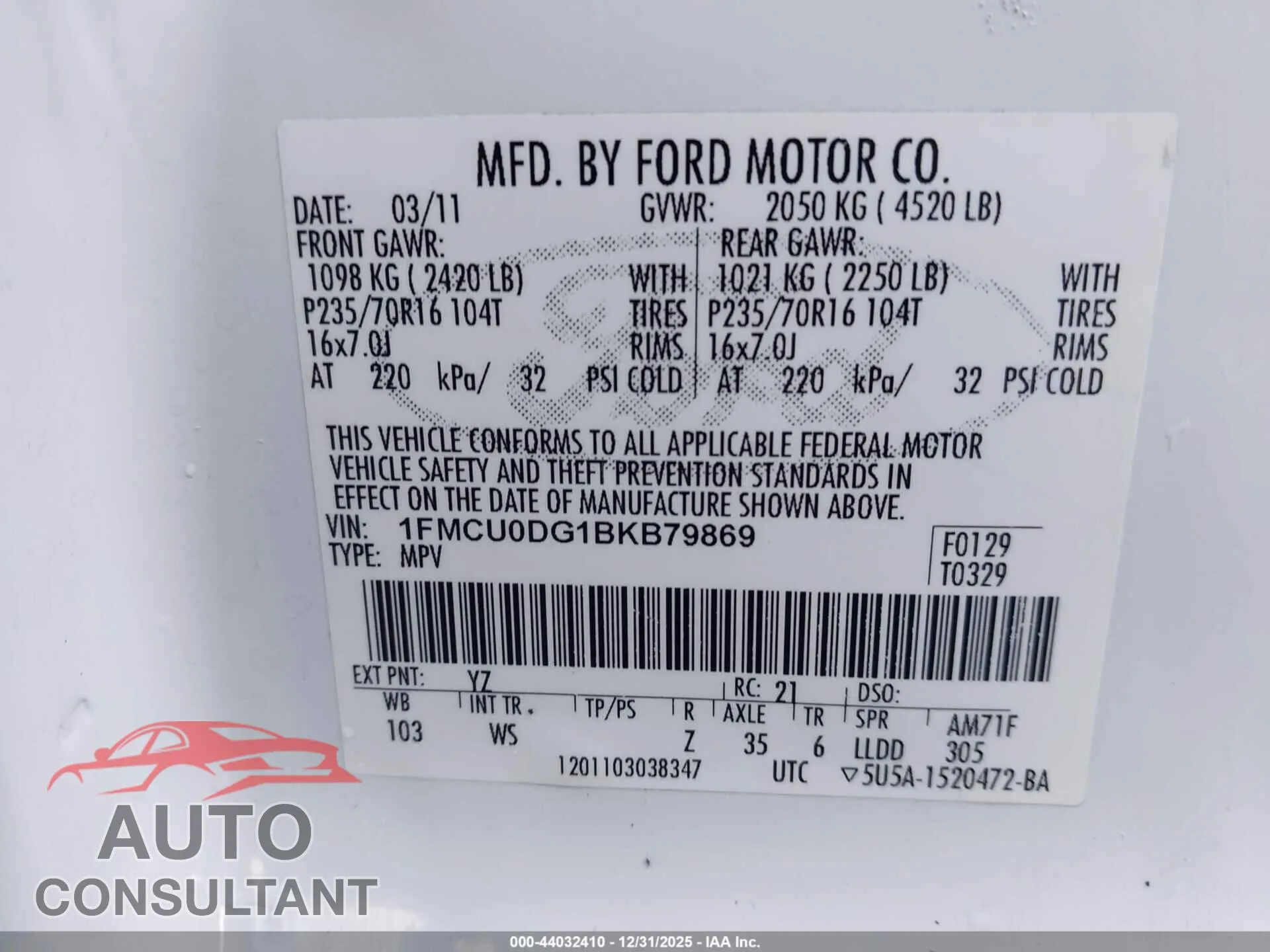 2011 FORD ESCAPE Damaged VIN 1FMCU0DG1BKB79869 – trunk area