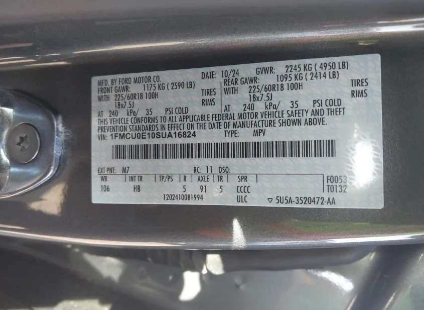 2025 FORD Escape Used VIN 1FMCU0E10SUA16824 – exterior detail