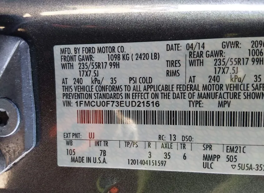 2014 FORD Escape Used VIN 1FMCU0F73EUD21516 – photo 13