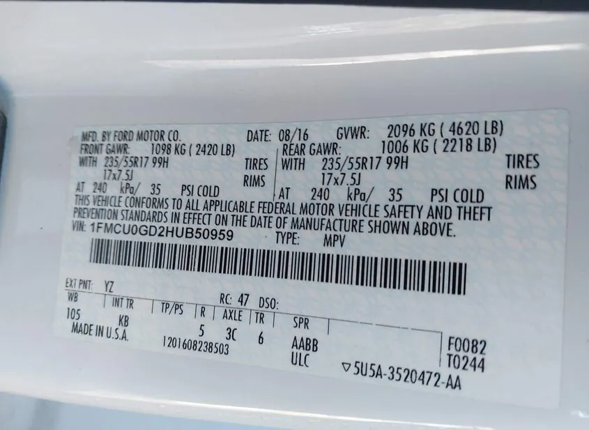 2017 FORD Escape Used VIN 1FMCU0GD2HUB50959 – odometer reading