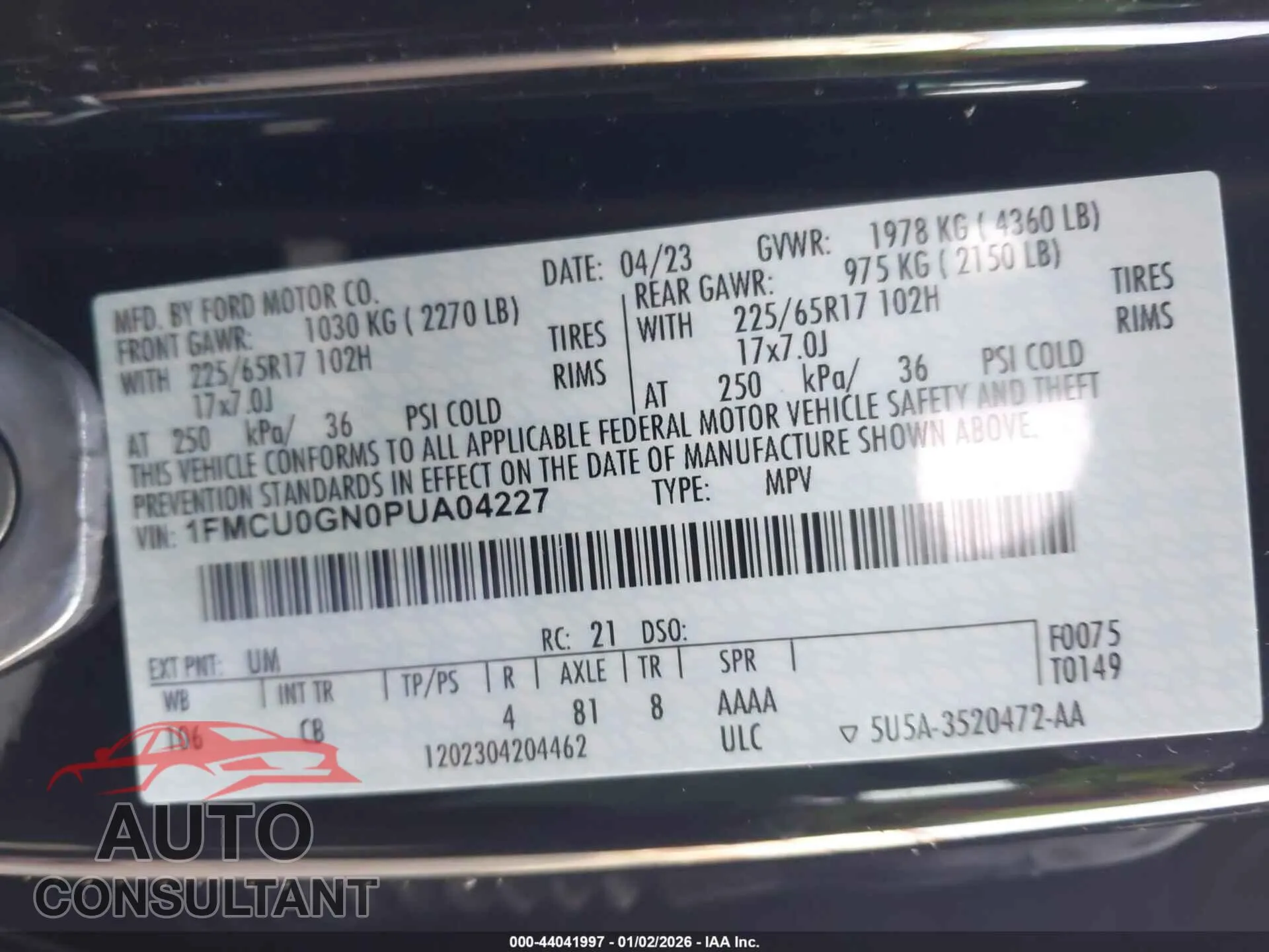 2023 FORD ESCAPE Damaged VIN 1FMCU0GN0PUA04227 – trunk area